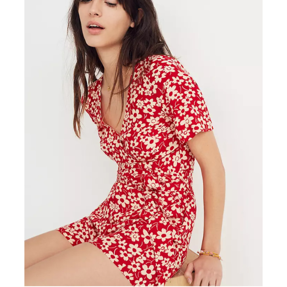 Madewell Red Wrap-Front Romper in Mini Daisy Size 10